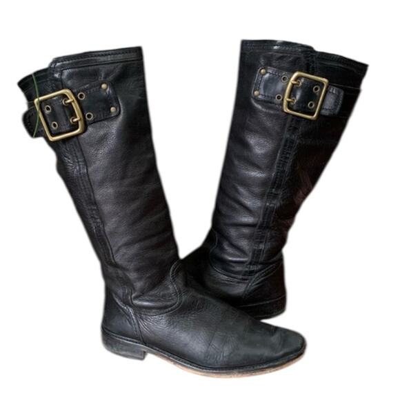 Coach Victoria Black Leather Riding Boots Brass Buckles Size 6.5 Minimalist - Picture 1 of 13